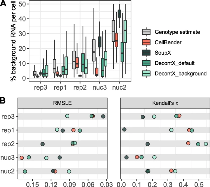Accuracy of computational background noise estimation. A Estimated background noise levels per cell based on genetic variants (gray) and different computational tools. B Taking the genotype-based estimates as ground truth, Root Mean Squared Logarithmic Error (RMSLE) and Kendall rank correlation serve as evaluation metrics for cell-wise background noise estimates of different methods. Low RMSLE values indicate high similarity between estimated values and the assumed ground truth. High values of Kendall’s correspond to good representation of cell to cell variability in the estimated values